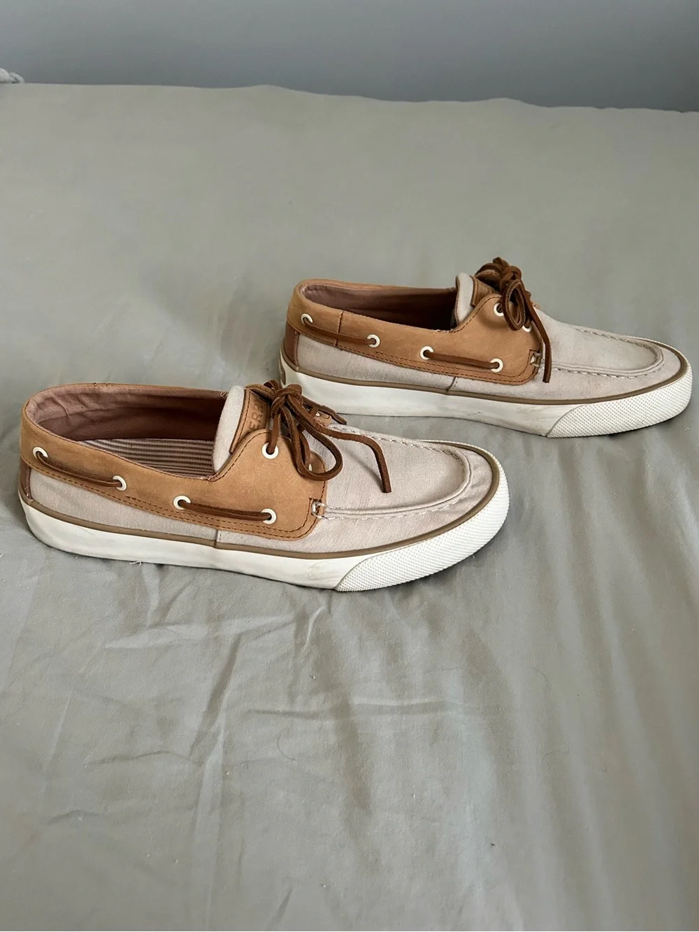 Sperry Two-Tone Beige Canvas and Brown Leather Boat Shoes